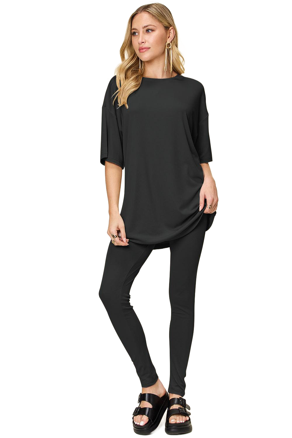 Full Size Round Neck Dropped Shoulder T-Shirt and Leggings Set