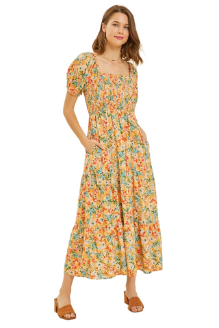 Full Size Floral Smocked Tiered Midi Dress