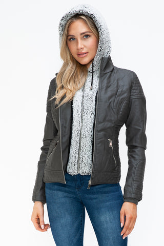 PMI Faux Layered Double-Zipper Jacket with Fuzzy Hood