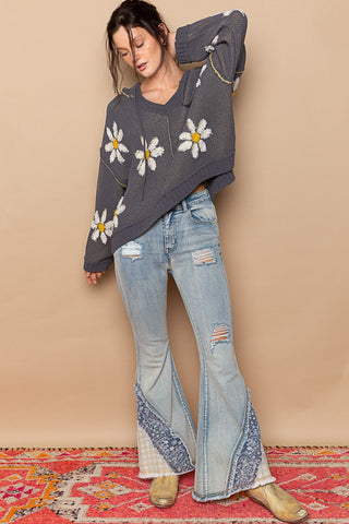 Floral Pattern Hooded High-Low Sweater