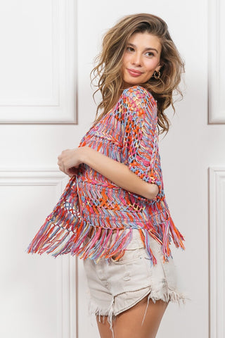 Bib Open Front Fringed Crop Knit Cardigan