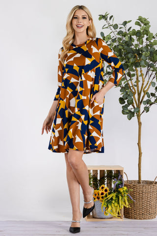 Full Size Geometric Round Neck Dress with Pockets