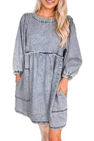 Round Neck Long Sleeve Denim Dress