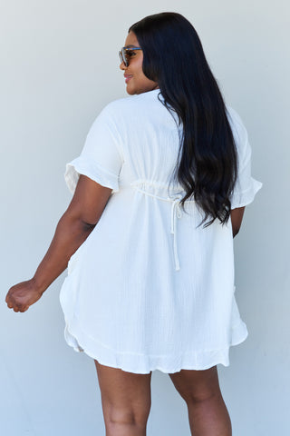 Full Size Ruffle Hem Dress with Drawstring Waistband in White