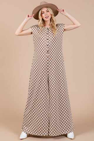 Checkered Half Button Cap Sleeve Jumpsuit