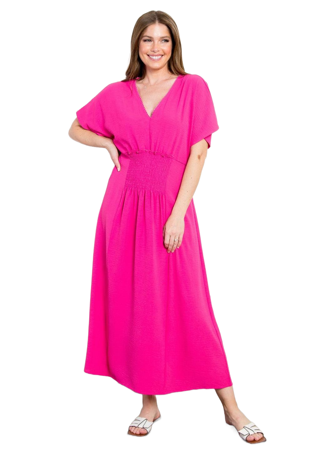 Full Size Shirred Front Short Sleeve Maxi Dress