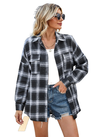 Plaid Collared Neck Button Down Jacket