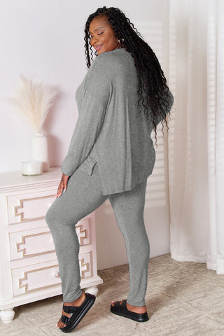 Full Size V-Neck Long Sleeve Top and Pants Lounge Set