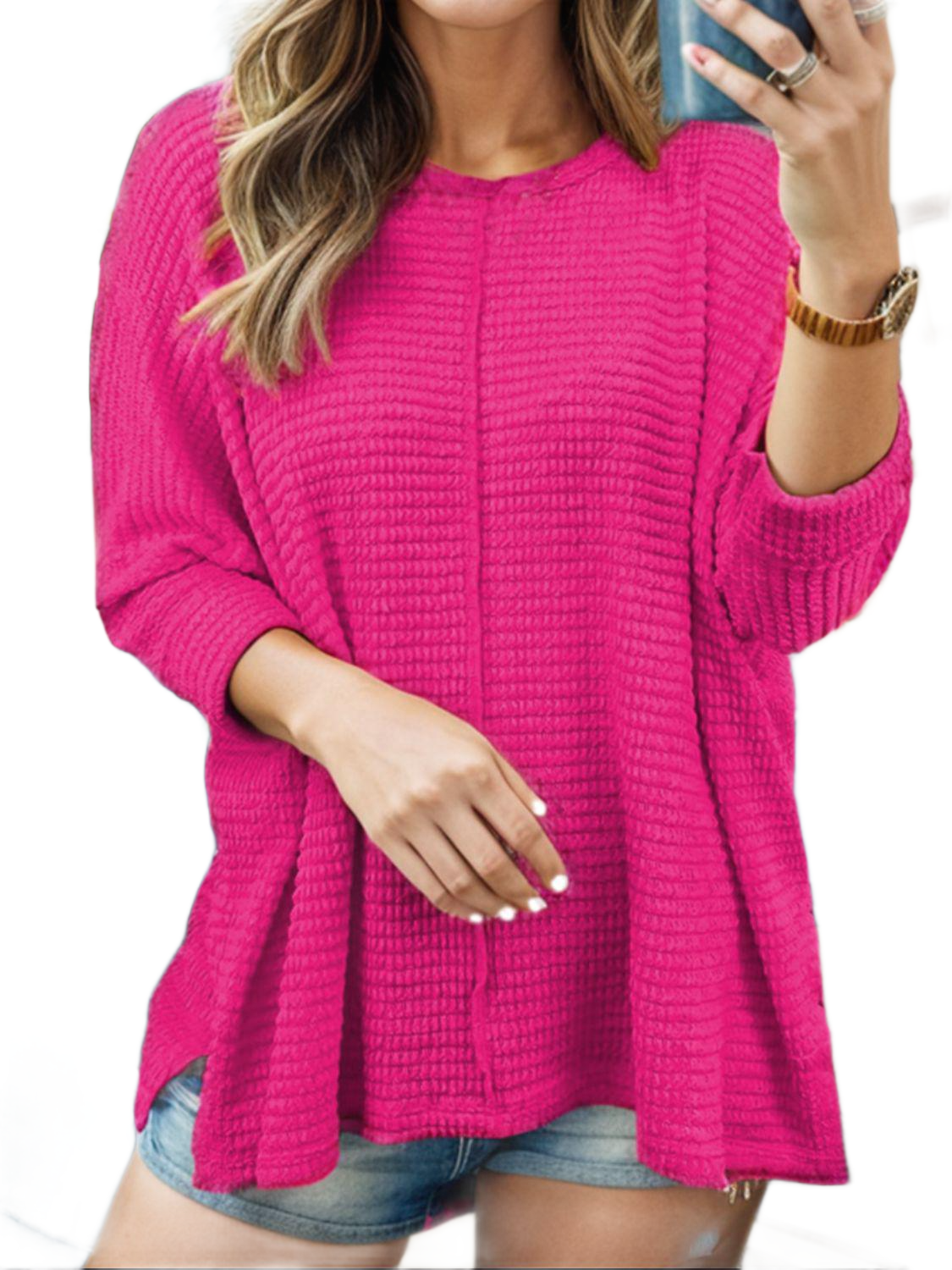 Round Neck Waffle Knit Slit Sweater