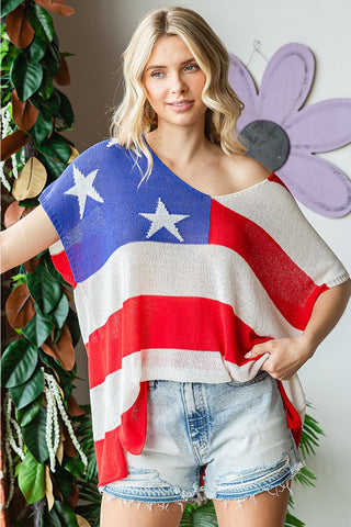 Full Size USA Flag Drop Shoulder Knit Top