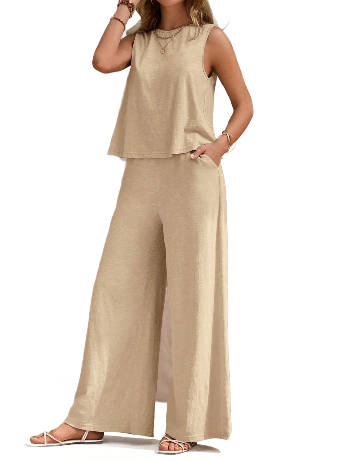 Round Neck Sleeveless Top and Wide Leg Pants Set