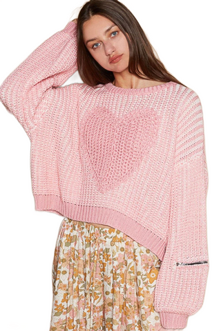 Round Neck Heart Patch Zipper Point Sleeve Sweater