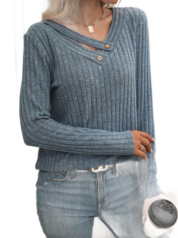 Ribbed V-Neck Long Sleeve T-Shirt