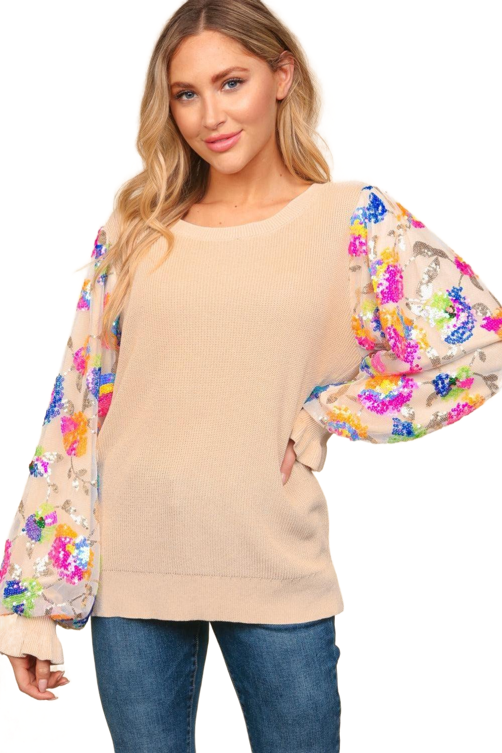 Floral Sequins Mesh Flounce Sleeve Sweater