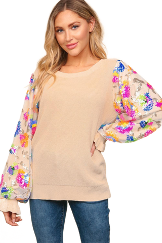 Floral Sequins Mesh Flounce Sleeve Sweater