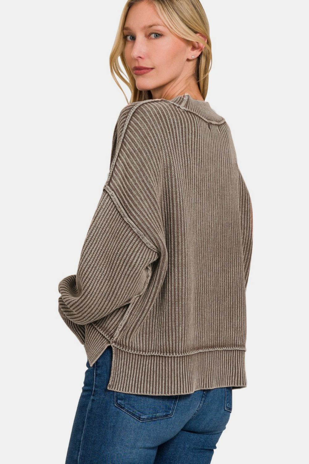 Banana Exposed Seam Round Neck Dropped Shoulder Sweater