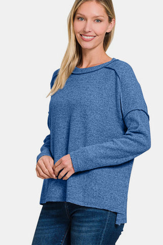 Full Size Exposed Seam Brushed Round Neck Sweater