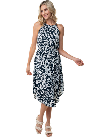 Tied Ruched Floral Sleeveless Knee Length Dress