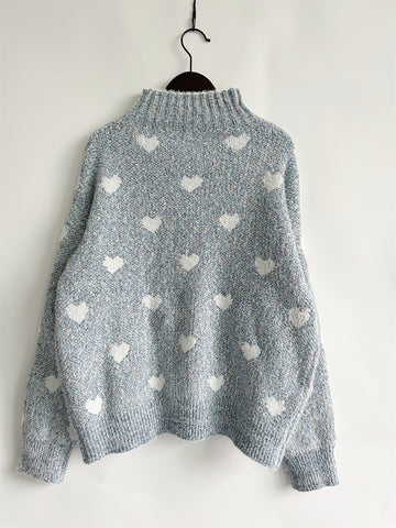 Heart Feathered Turtleneck Drop Shoulder Sweater