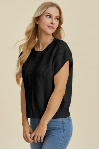 Full Size Cable-Knit Round Neck Short Sleeve Sweater