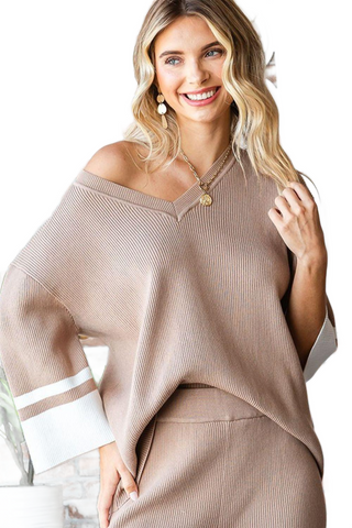 Contrast V Neck Ribbed Knit Top