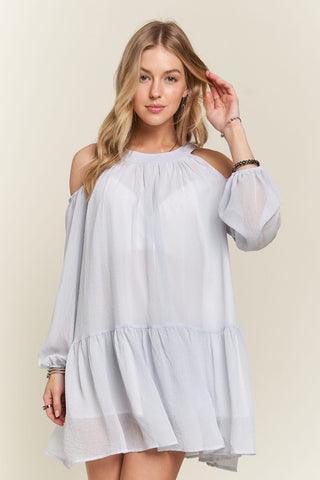 A Cold Shoulder Balloon Sleeve Mini Dress