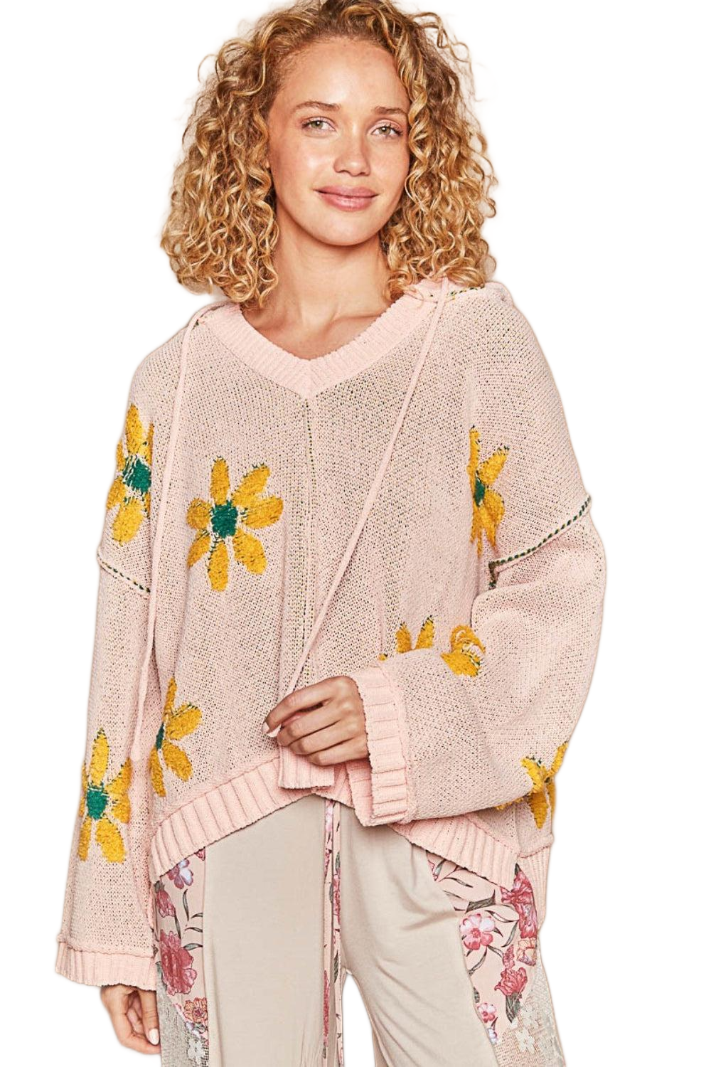 Floral Pattern Hooded High-Low Sweater