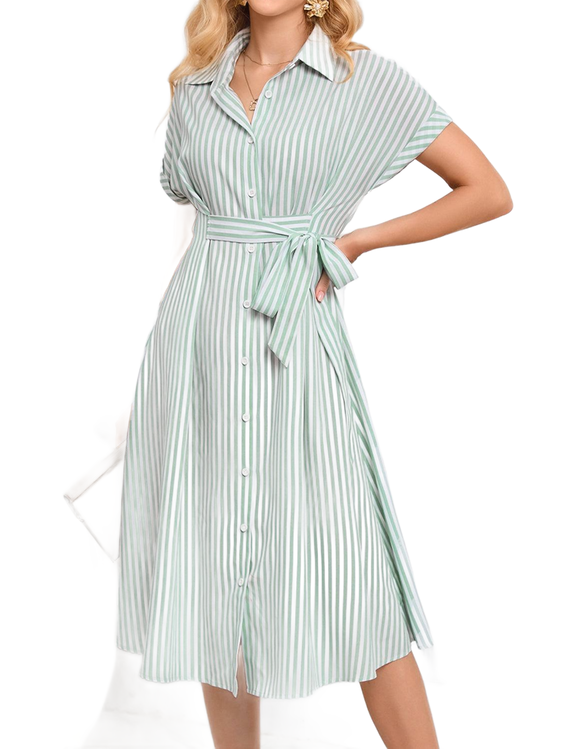 Striped Short Sleeve Tie Waist Midi Dress