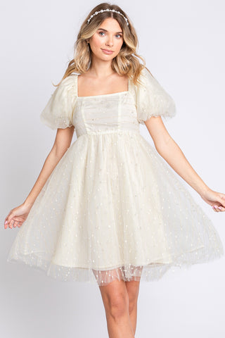 Pearl Mesh Puff Sleeve Baby doll Dress