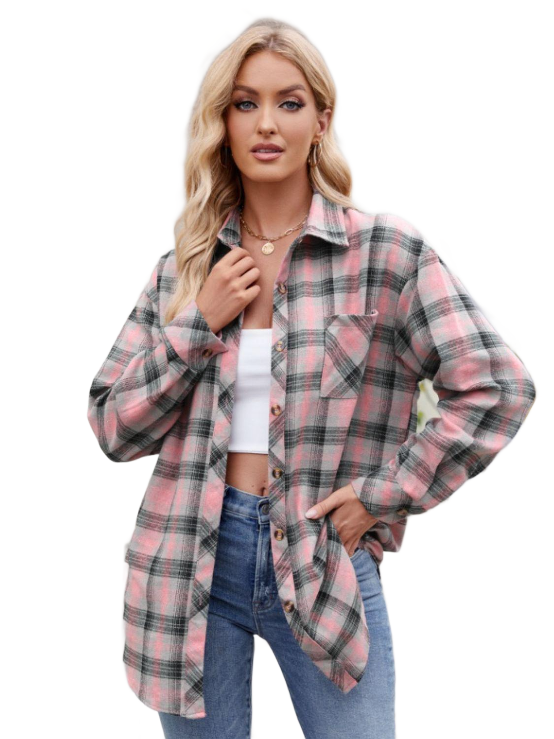 Pocketed Plaid Collared Neck Long Sleeve Shirt