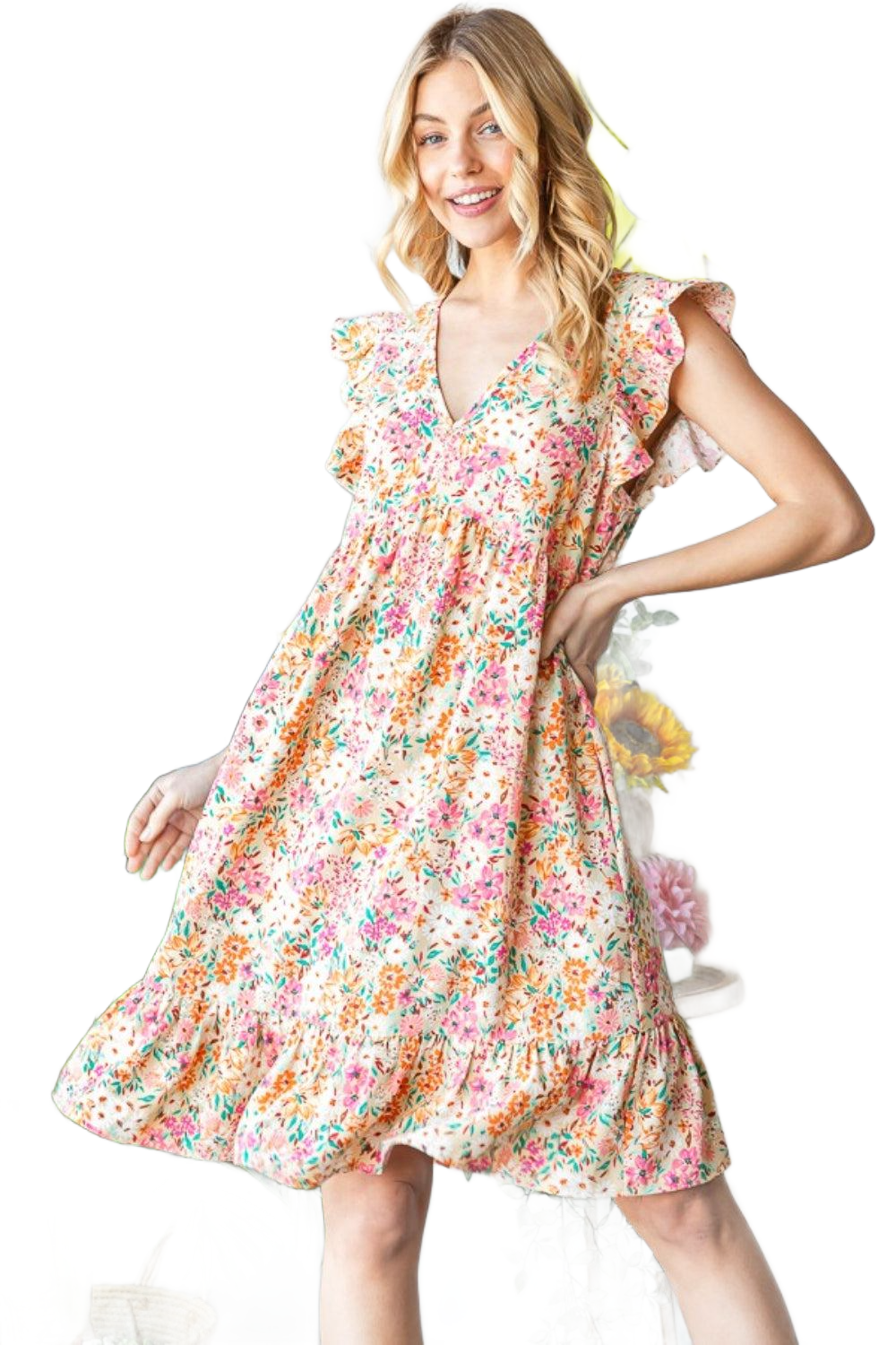 Full Size Floral Ruffled V-Neck Dress