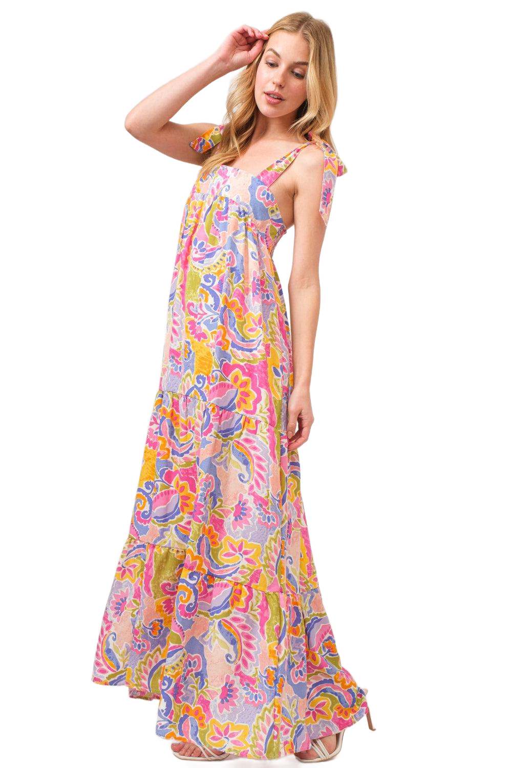 Full Size Printed Tie Shoulder Tiered Maxi Dress