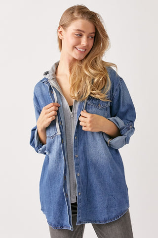 Zip Up Hooded Denim Shirt