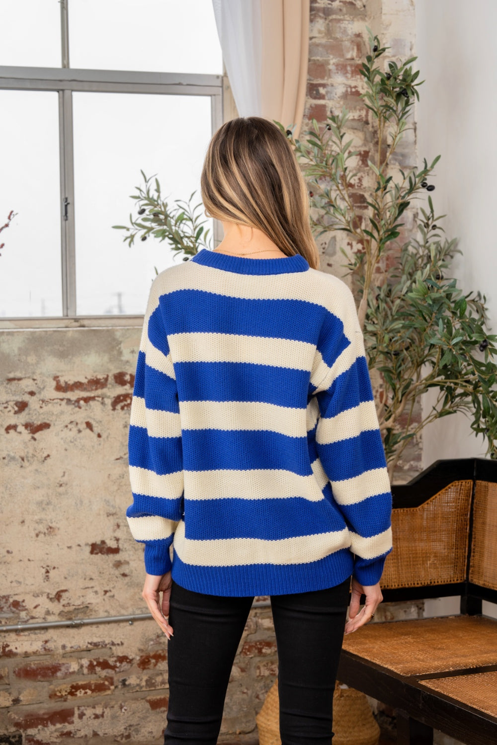 Full Size Contrast Striped Round Neck Sweater