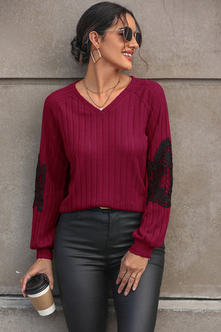 Ribbed Lace Detail V-Neck Sweater