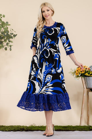 Full Size Paisley Print Lace Ruffled Midi Dress