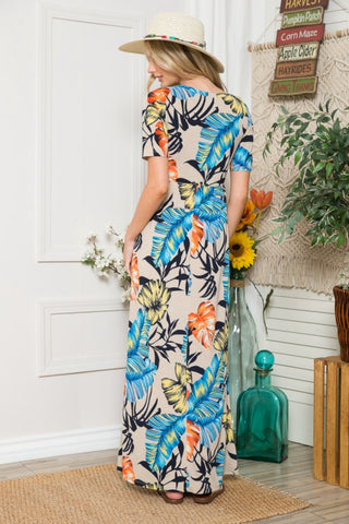 Full Size Printed Round Neck Short Sleeve Maxi Dress