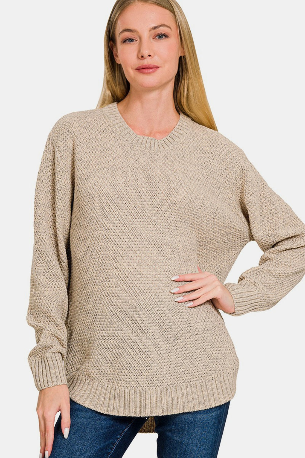 Ful Size Round Neck Long Sleeve Curved Hem Sweater