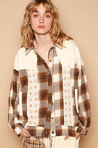 POL Plaid & Star Patchwork Contrast Long Sleeve Shocket