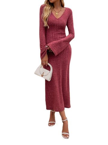 Tied V-Neck Long Sleeve Sweater Dress