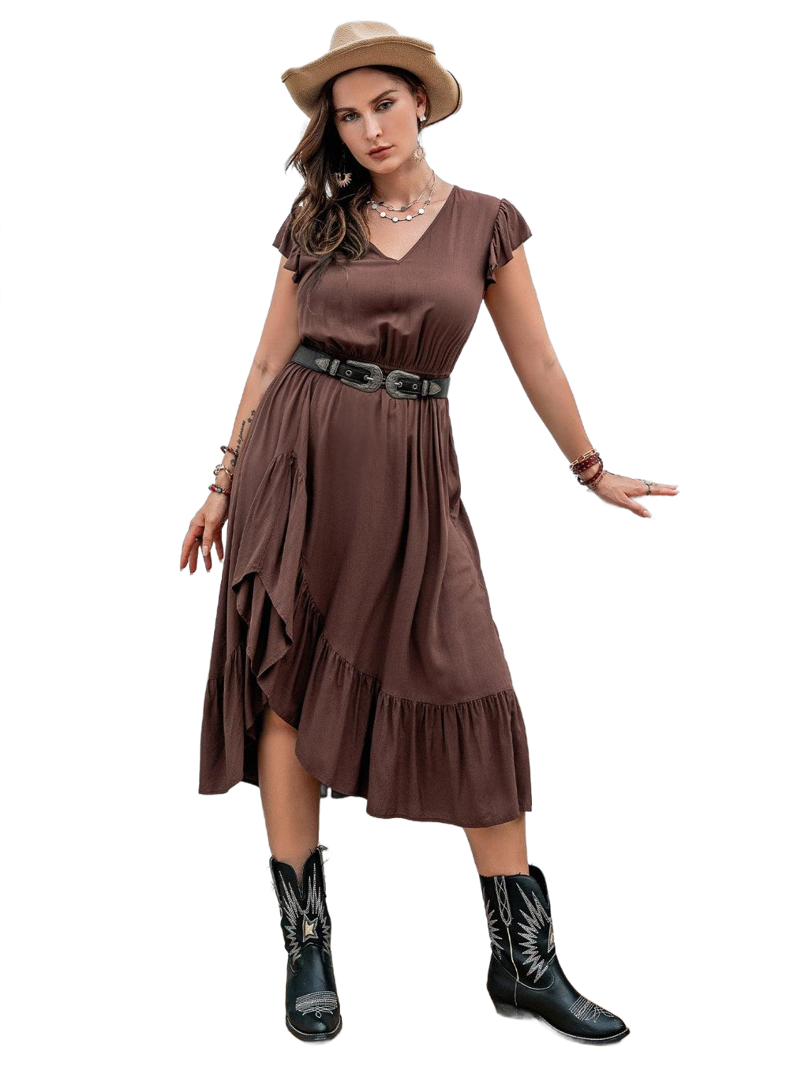 Plus Size Ruffled V-Neck Cap Sleeve Midi Dress