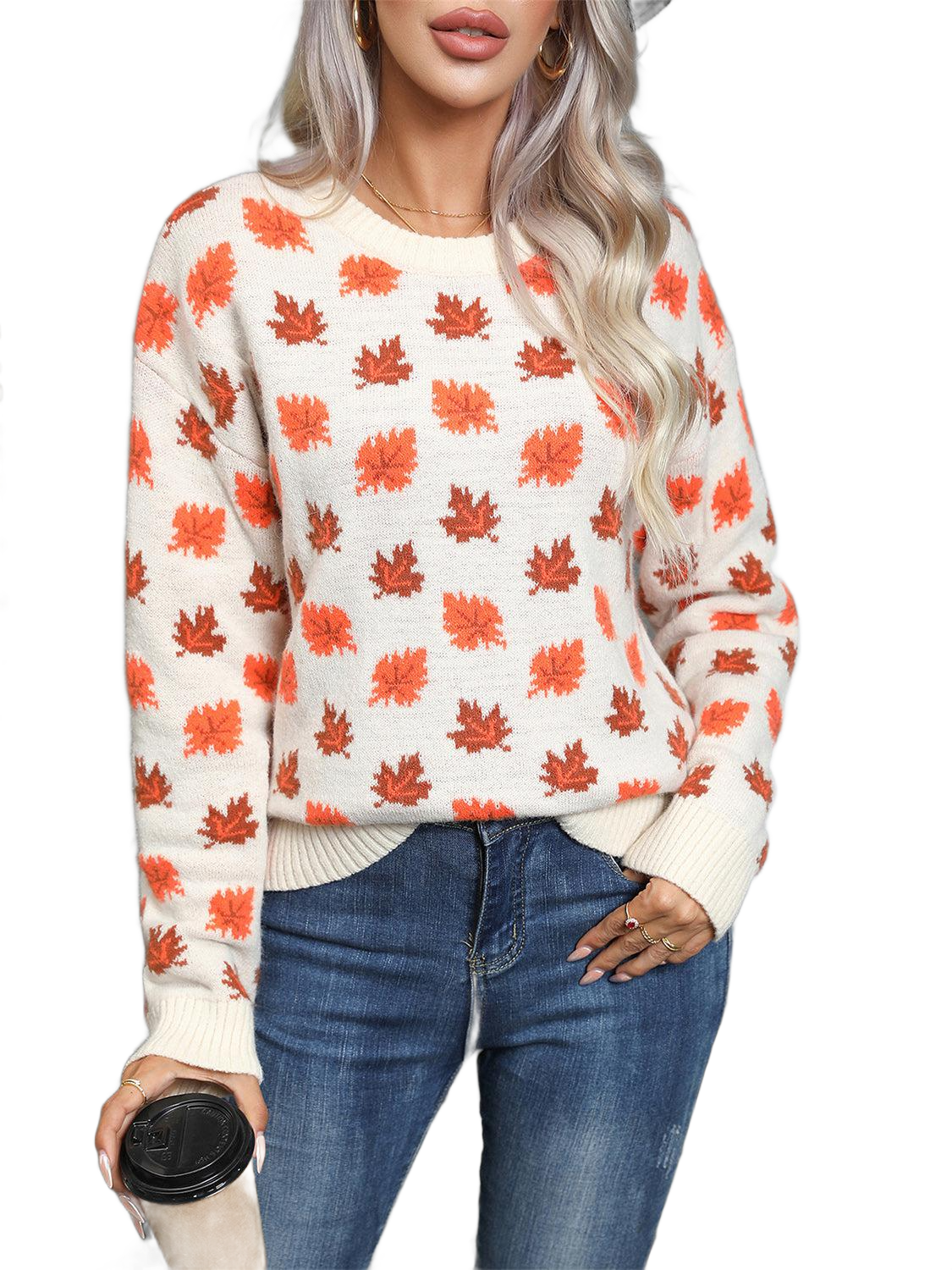 Maple Leaf Round Neck Long Sleeve Sweater