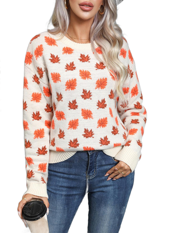 Maple Leaf Round Neck Long Sleeve Sweater