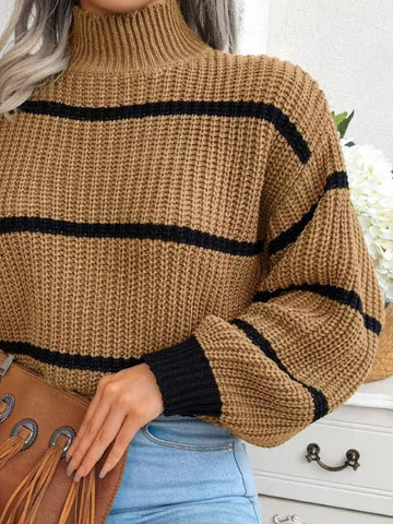 Striped Mock Neck Dropped Shoulder Sweater