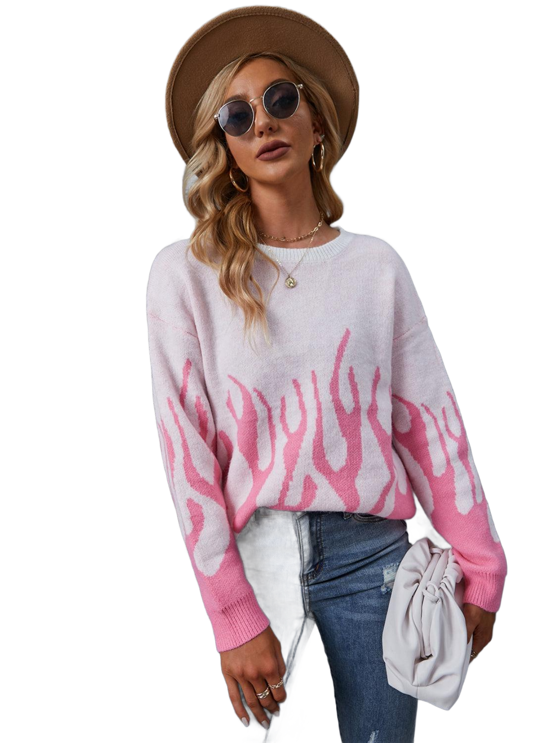 Printed Round Neck Long Sleeve Sweater