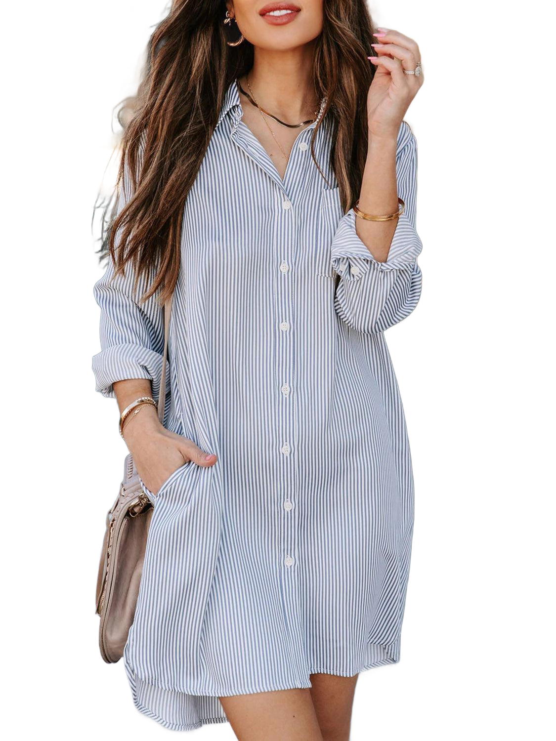 Striped Button Up Collared Neck Long Sleeve Shirt Dress