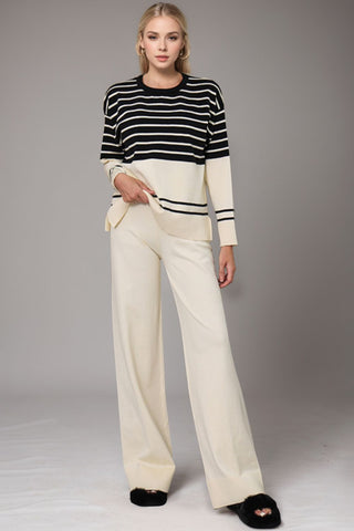 Basic BAE Striped Round Neck Long Sleeve Top and Pants Sweater Set