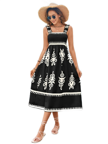 Printed Square Neck Wide Strap Midi Dress