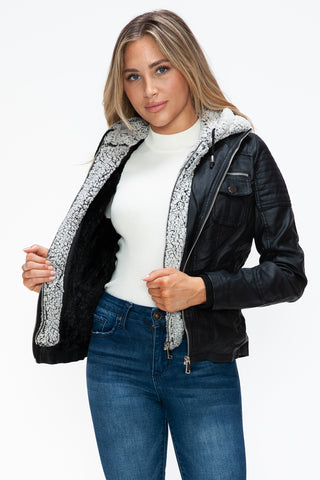 PMI Removable Faux Layered Multi-Pocket Jacket with Fuzzy Hood