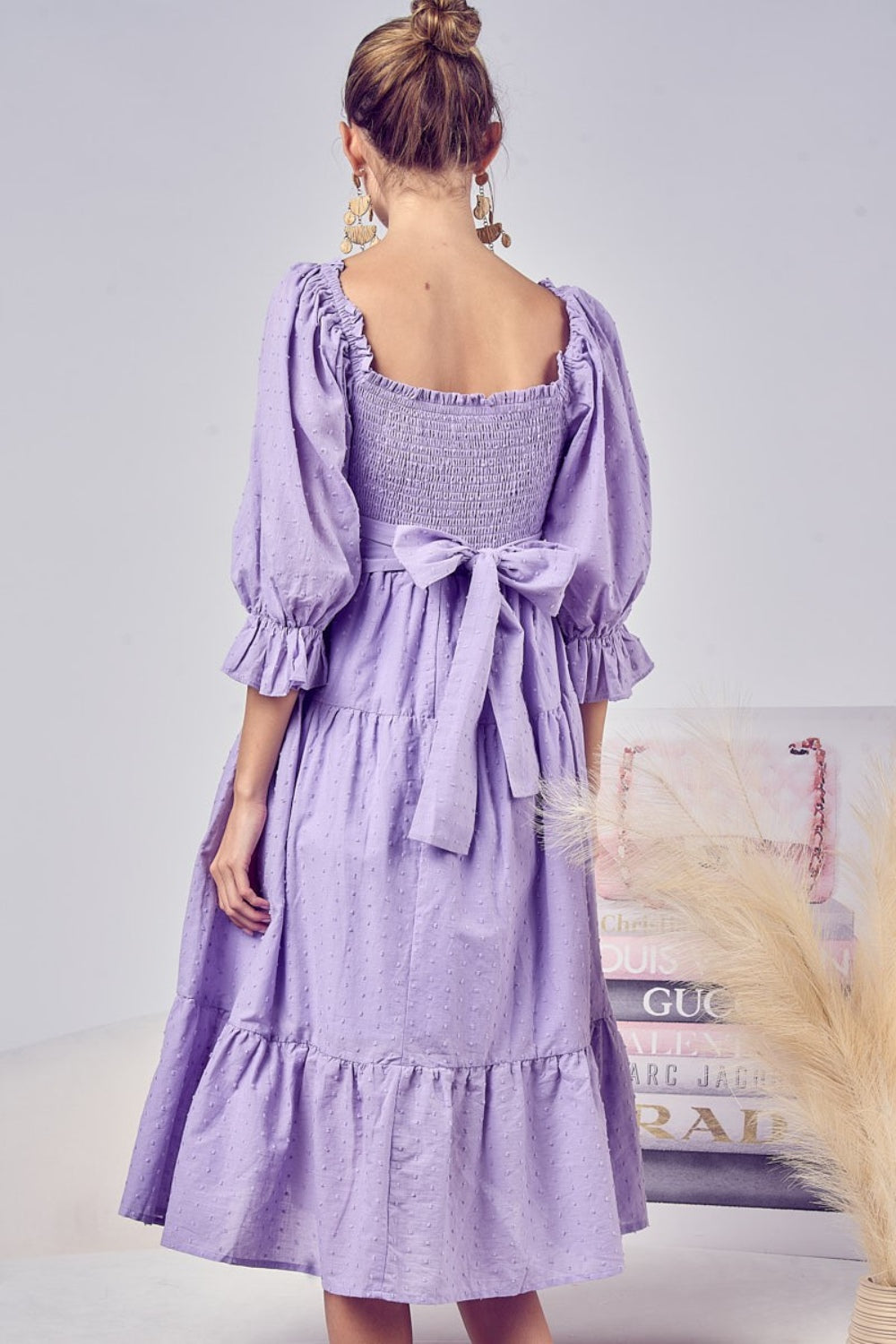 Flounce Sleeve Smocked Tiered Midi Dress